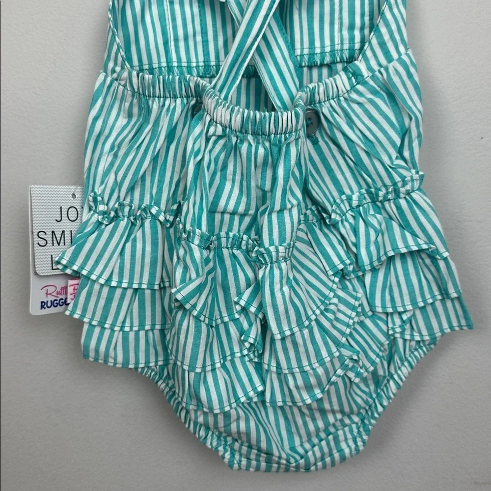 NWT Ruffle Butts Bella Aqua Blue Stripe Bubble Romper W/ Headband Sz 6-12M